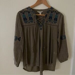 Lucky Brand Green Embellished Blouse with Tie Front